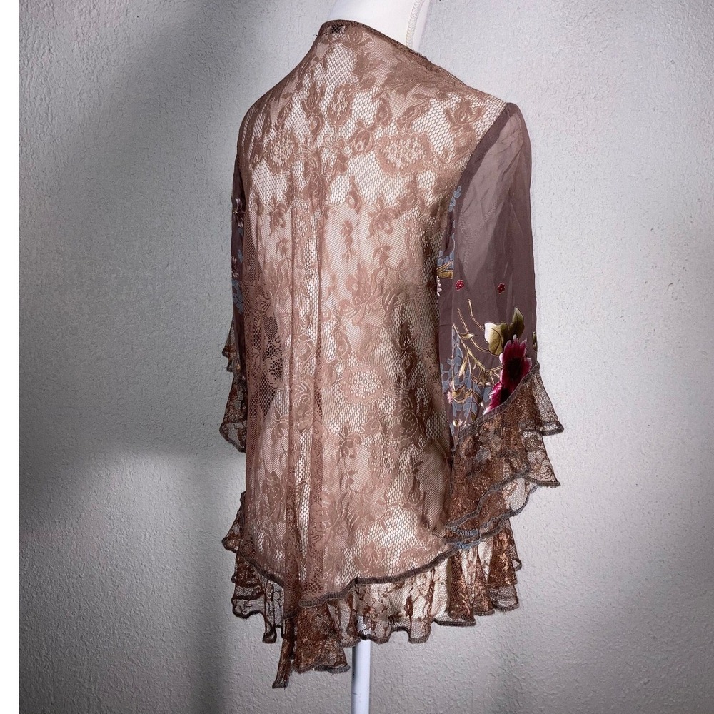 Spencer Alexis Boho Floral Embroidered Lace Kimono Brown Sheer Open Front Top - Picture 6 of 10